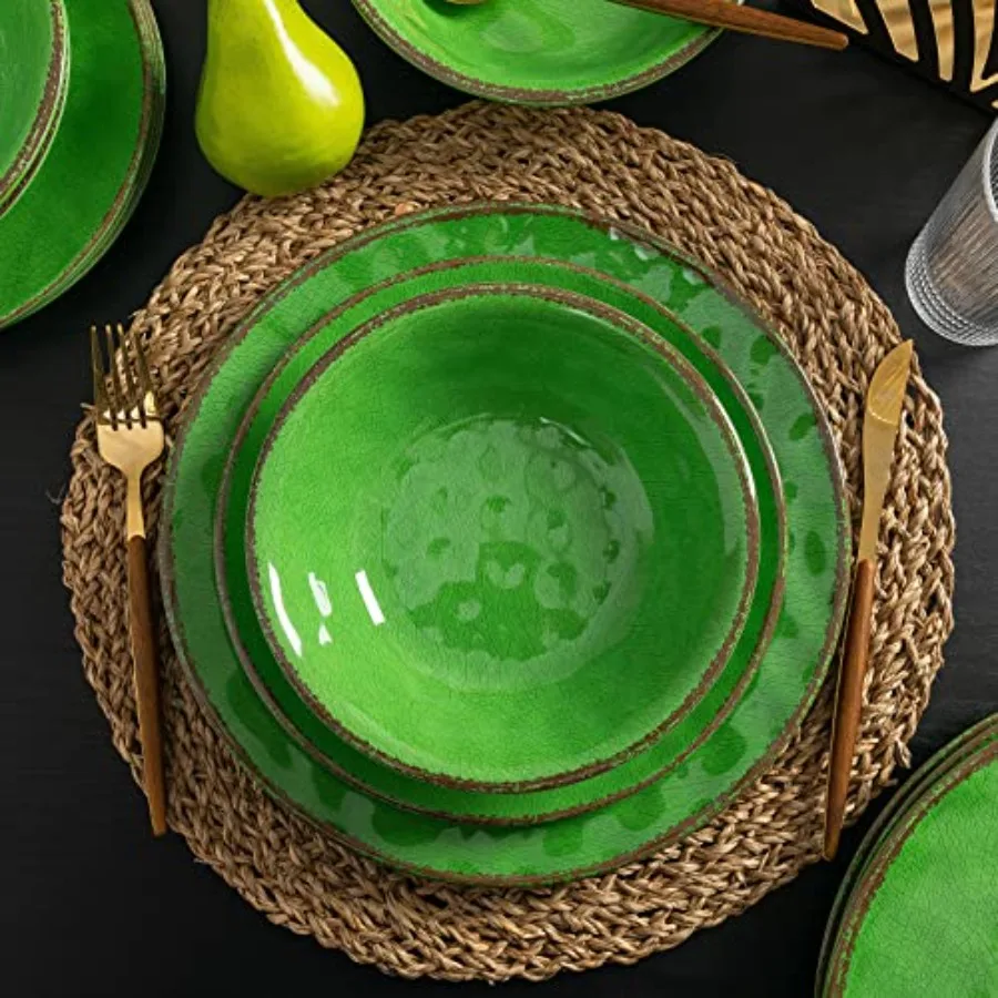 

Vintage Crackle Melamine Dinnerware Sets 12 Pcs Plates and Bowls Sets Great for Camping RV. Durable and Chip Resistant Farmhous