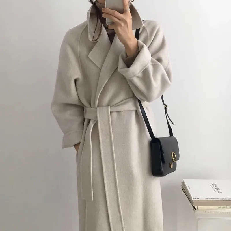 

Imitation Cashmere Woolen Coat For Women 2024 Korean Autumn And Winter Temperament Lace Up Slim Fit Long Coat