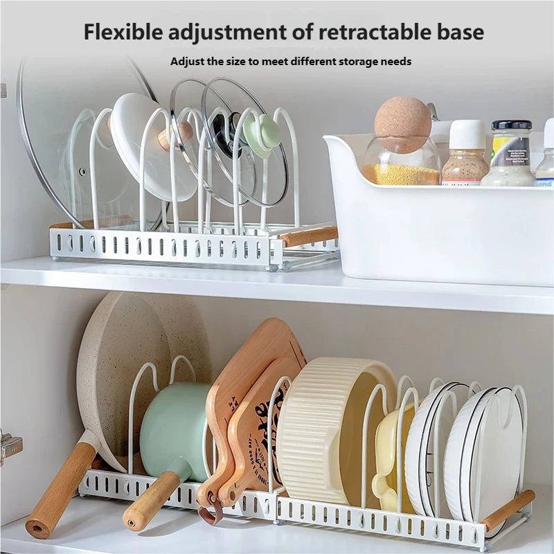 

Adjustable Compartment Pots and Pans Organizer Under Cabinet Kitchen Pot Lid Holder Rack Organizer
