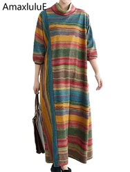 Amax luluE Women Casual Loose Bohemia Vestidos 2024 Spring British Style Vintage Striped Elegant Dress Turtleneck Design Dresses