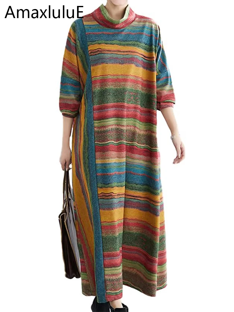 Amax luluE Women Casual Loose Bohemia Vestidos 2024 Spring British Style Vintage Striped Elegant Dress Turtleneck Design Dresses