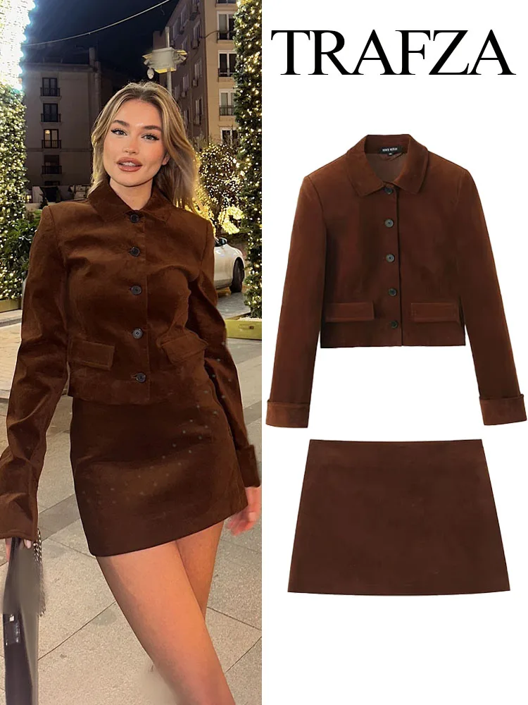 TRAFZA Women's 2-Piece Set Fashion Versatile Turn Down Collar Single-Breasted Velvet Cropped Jacket+Slimming Zipper Mini Skirt