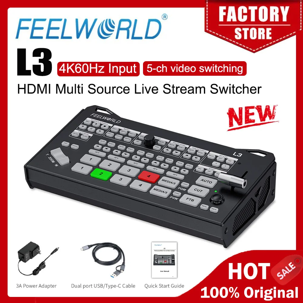 FEELWORLD L3 4K HDMI Multi Source Live Stream Switcher 4K60Hz Input UVC RTMP Streaming PTZ UVC Camera Control