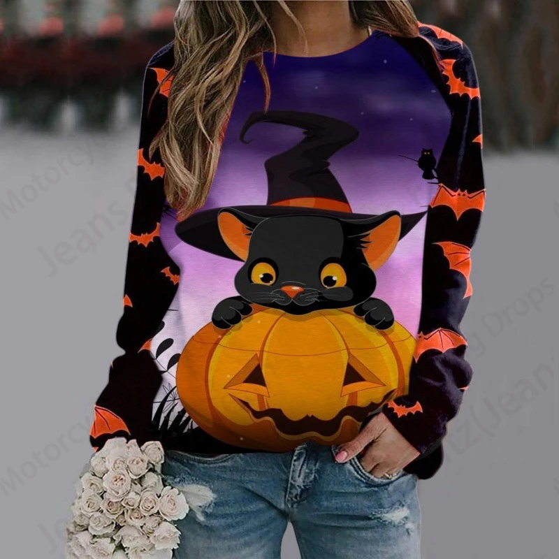 Halloween Hoodie Women Fashion O-neck Hoodies Women Sweats Witch Coat Girl Clothes O-neck Long Sleeve Hoodie Female Falls Skull