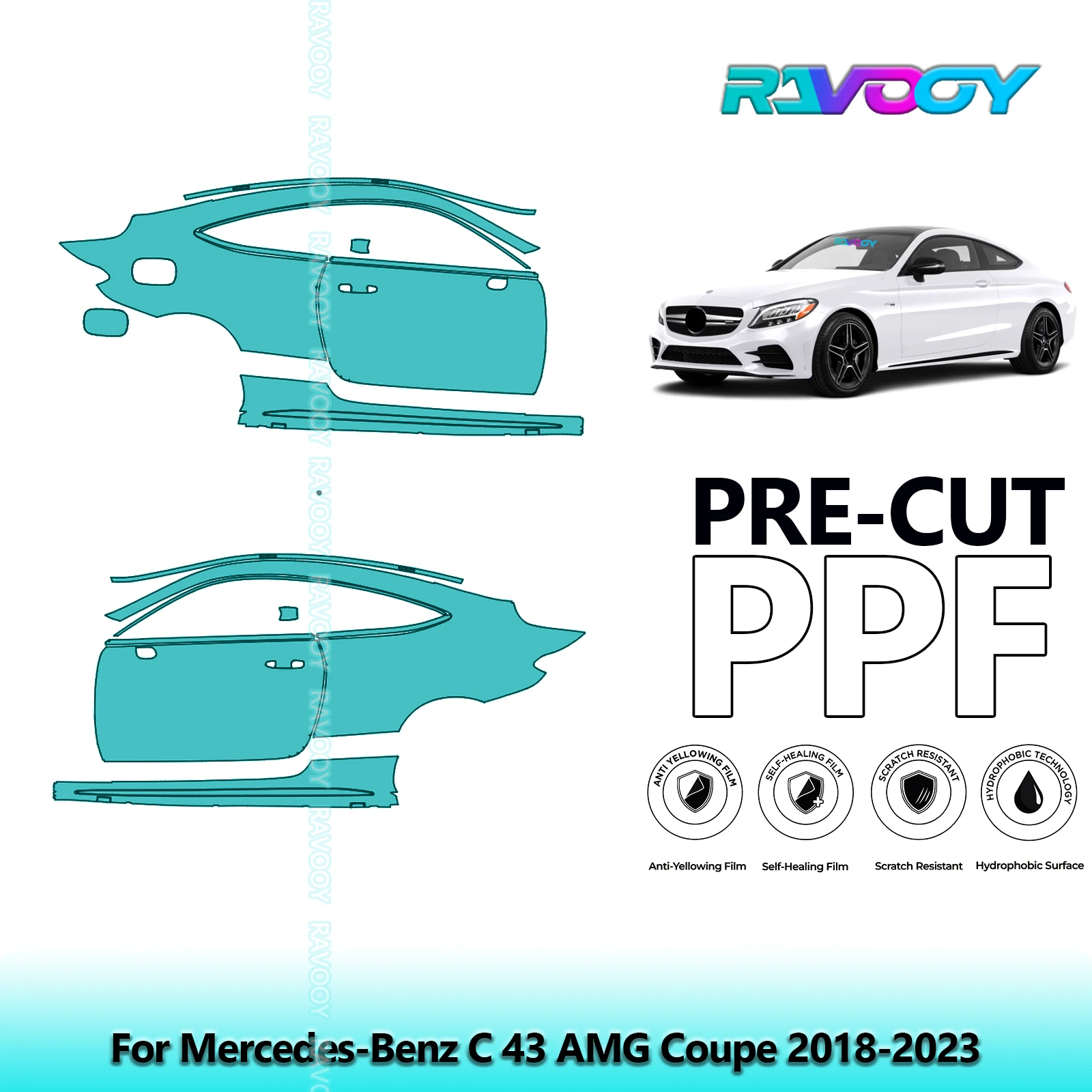 

For Mercedes-Benz C 43 AMG Coupe 2018-2023 8.5mil Clear Matte Pre-Cut PPF Door & A/B Pillar Kit TPU Paint Protection Film Set
