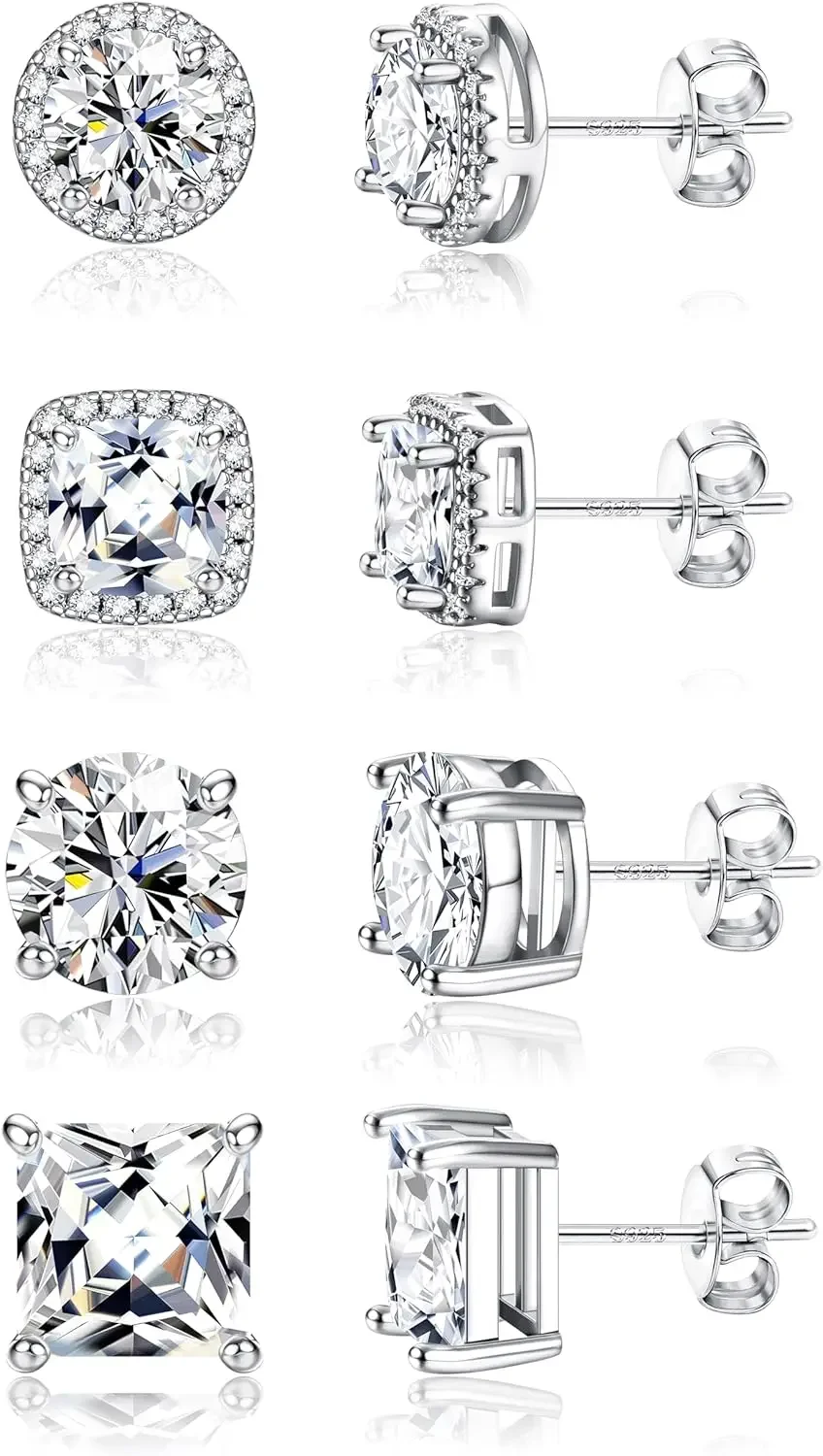 

925 Sterling Silver Stud Earrings for Sensitive Skin - 6/8/10mm CZ Halo Earrings, 18K Gold Plated, 2/4 Pairs