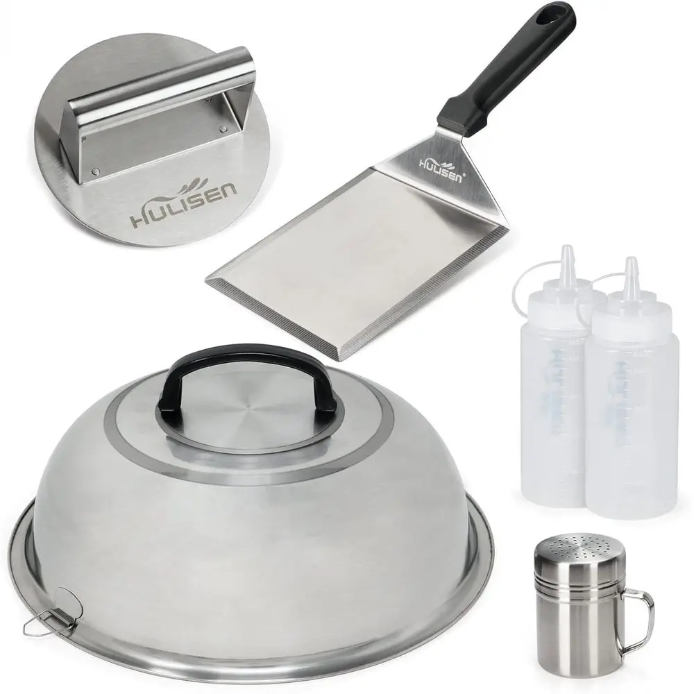 

Burger Kit, 12 Inch Basting Cover, Grill Spa, Spice Dredge Shaker and 2 Squeeze Bottles - Griddle Accessories Kit or Lat Top Gri