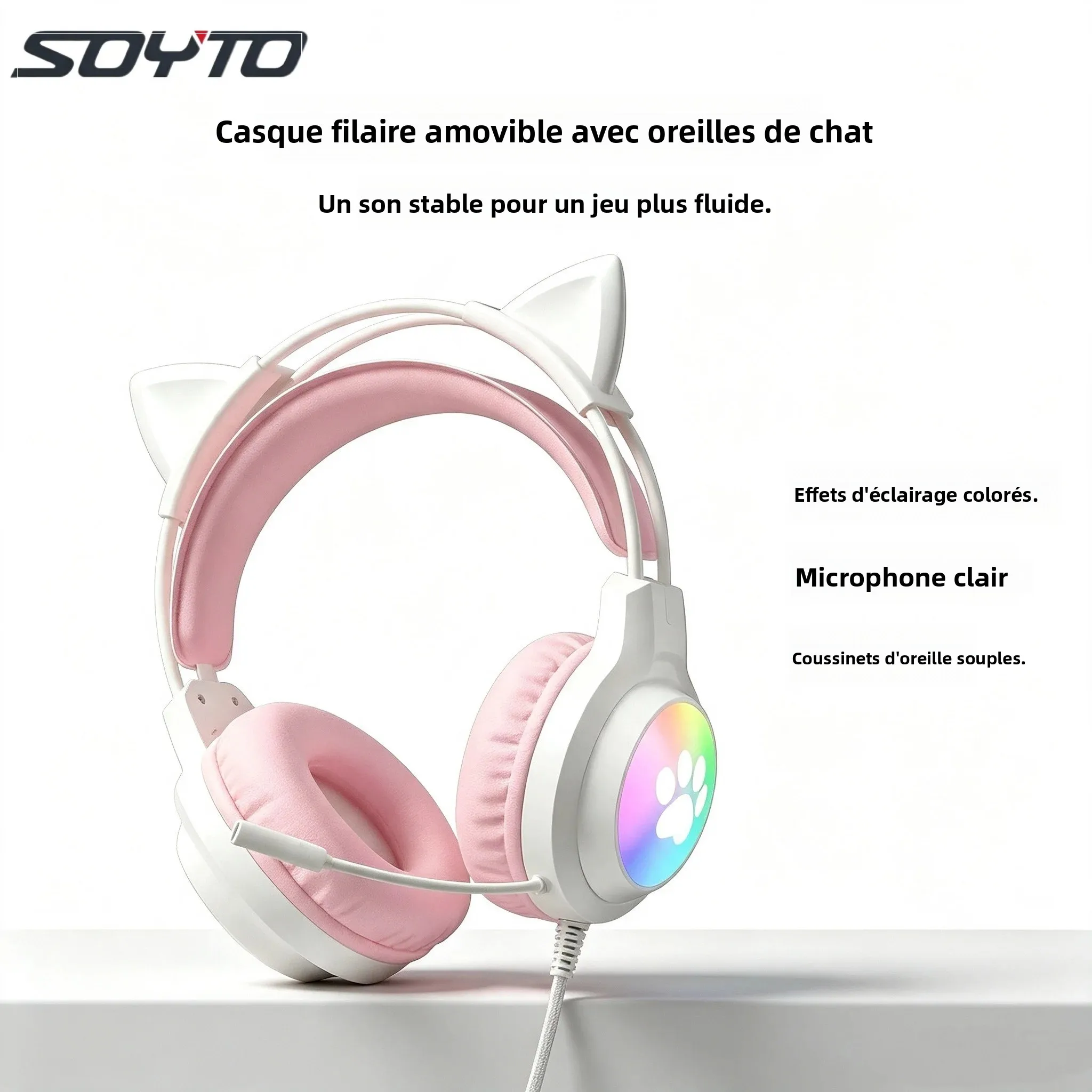 Casque de jeu filaire SOYTO avec oreilles de chat détachables, éclairage RGB, micro clair et coussinets doux pour jeux sur ordinateur et streaming en direct