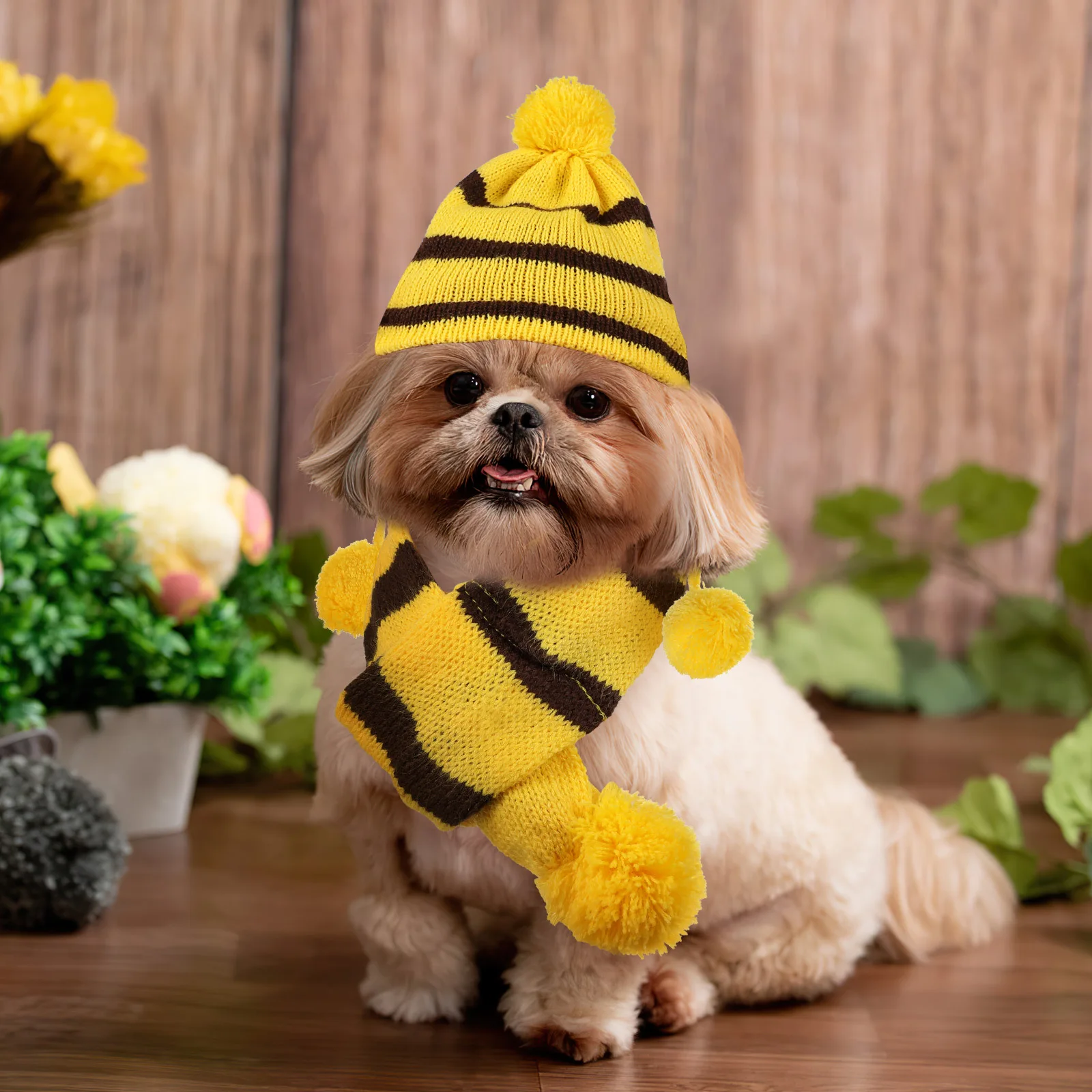 

1Set Dog Warm Costume Knitted Scarf and Hat Set Festival Party Pet Outfit Winter Holiday Photo Shoot S Yellow Brown