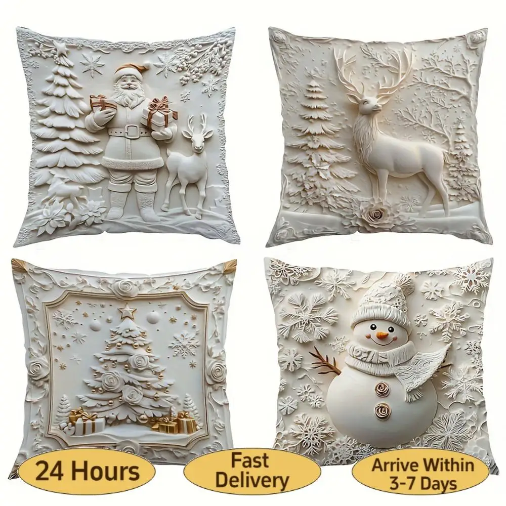 

Набор из 4-х 3D-чехлов для подушек с рождественским дизайном, декоративные наволочки для спальни, дивана, праздничного зимнего декора дома