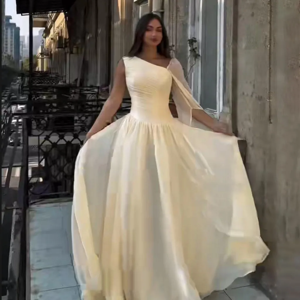 Sevintage 2025 Yellow Silk Chiffon A Line Pleated Maxi Evening Dress One Shoulder Prom Gown Dubai Women Formal Dress Customized