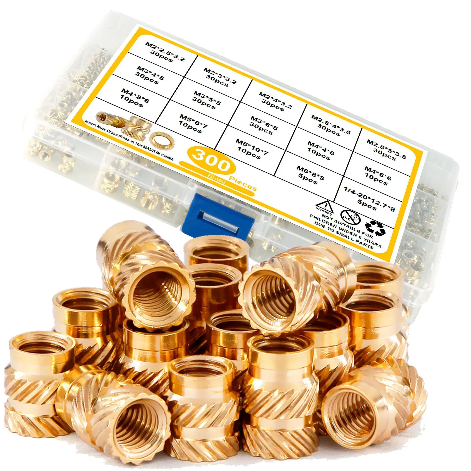 

300PCS Brass Heat Set Threaded Insert Nuts Knurled Copper Inserts for Plastic Injection Molding Boxed Kit for Repair Tool