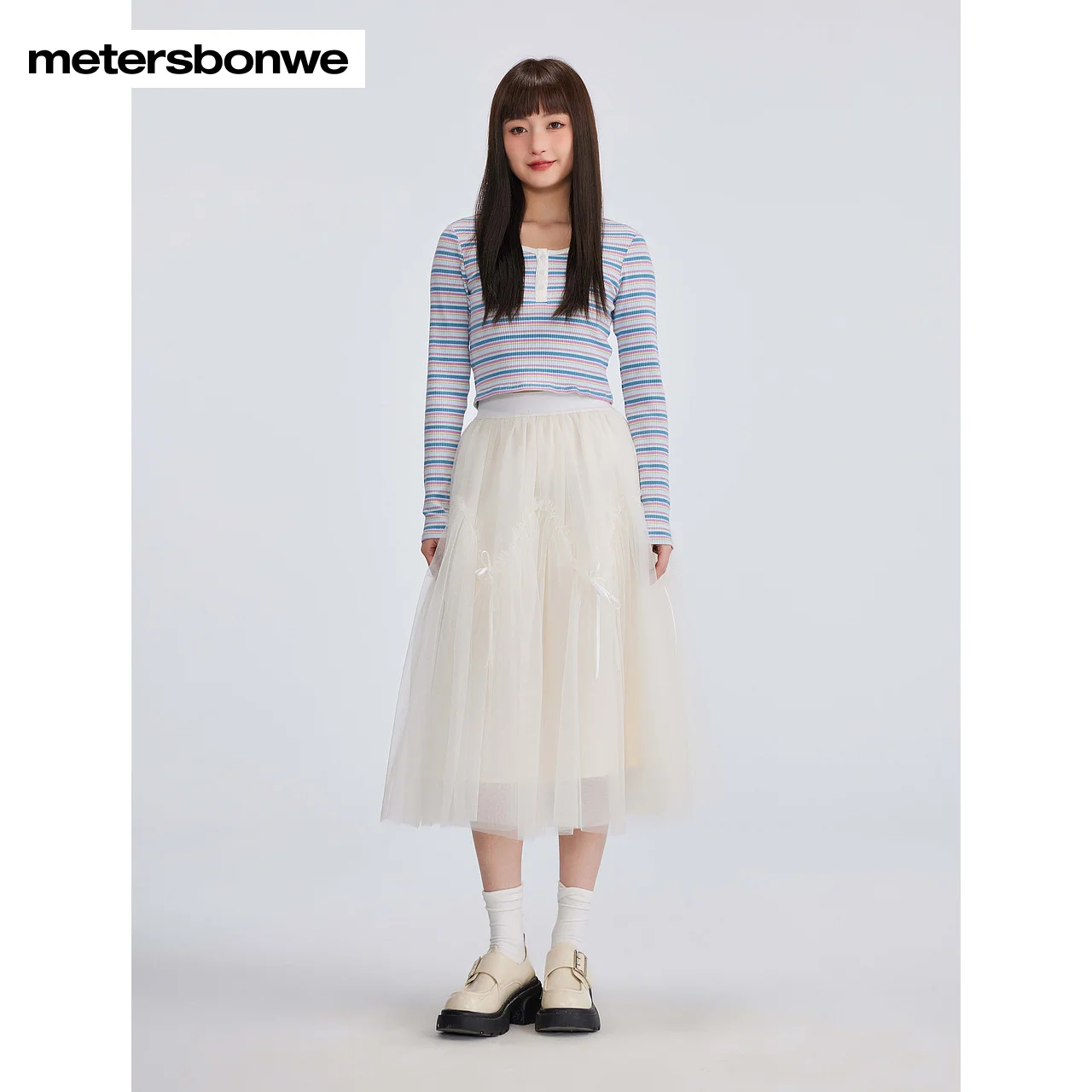 Metersbonwe-dames hoge dichtheid elastische mesh pluizige rok halverwege de kuit lengte strik gebonden gaas rok zoet woon-werkverkeer lente zomer