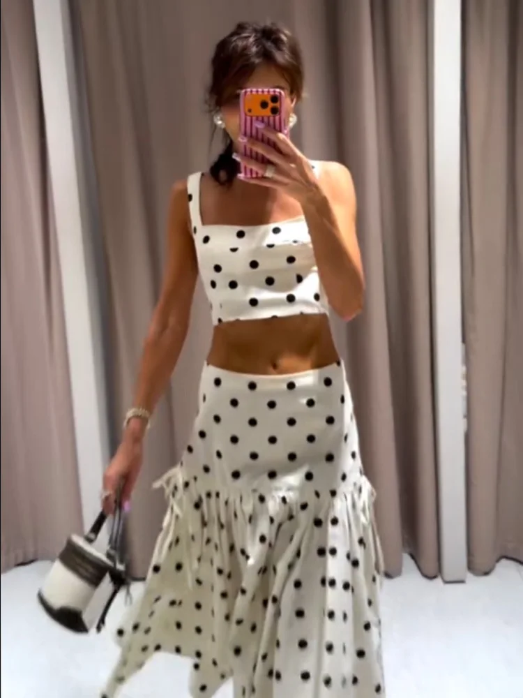 

HH Woman Fashion Zipper Laminated Short Top+Bow Polka Dots Asymmetry Midi Skirt Casual Sleeveless Solid Summer Two Piece Set