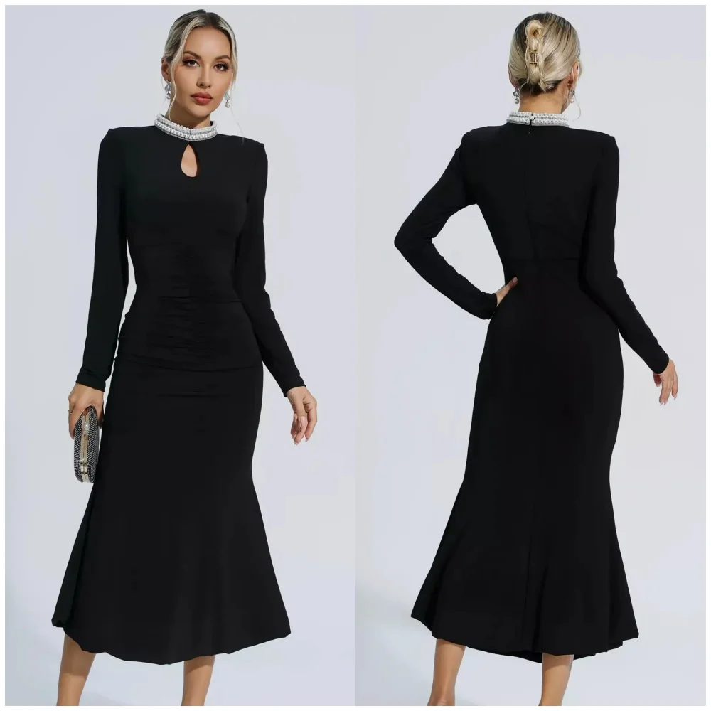 

Классический элегантный трикотаж со стразами по индивидуальному заказу, расшитый бисером, Русалка с высоким воротником, длиной до чая, платья на заказ, одинаковые платья для особых случаев