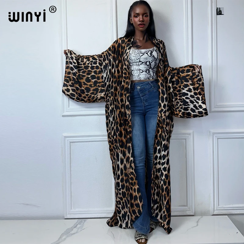 WINYI boho Leopard print Kimonos maxi dresses for woman Cardigans beach outfits kaftan cover up evening dress long down coat