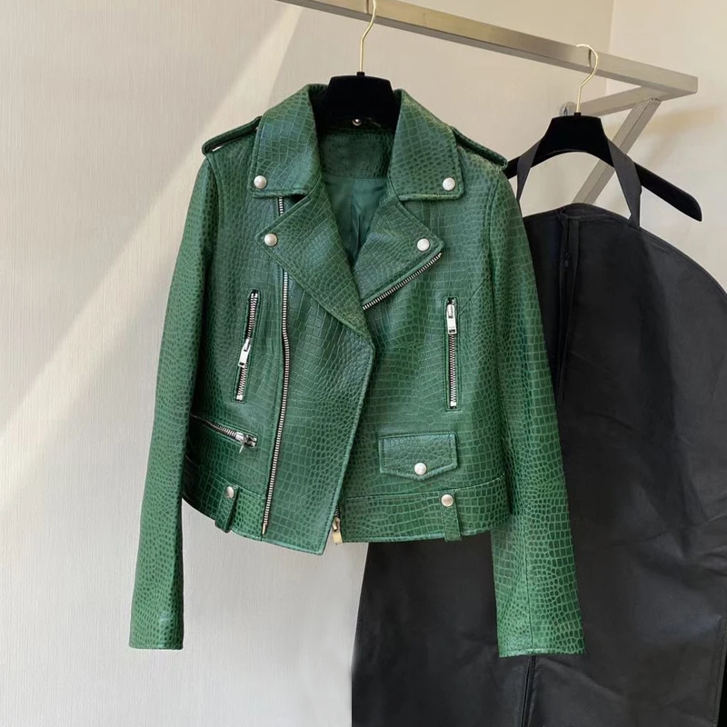 Short Length Coat Spring Women 2024 New Fashion Green Color Genuine Leather Jacket Crocodile Texture High Quality Locomotive