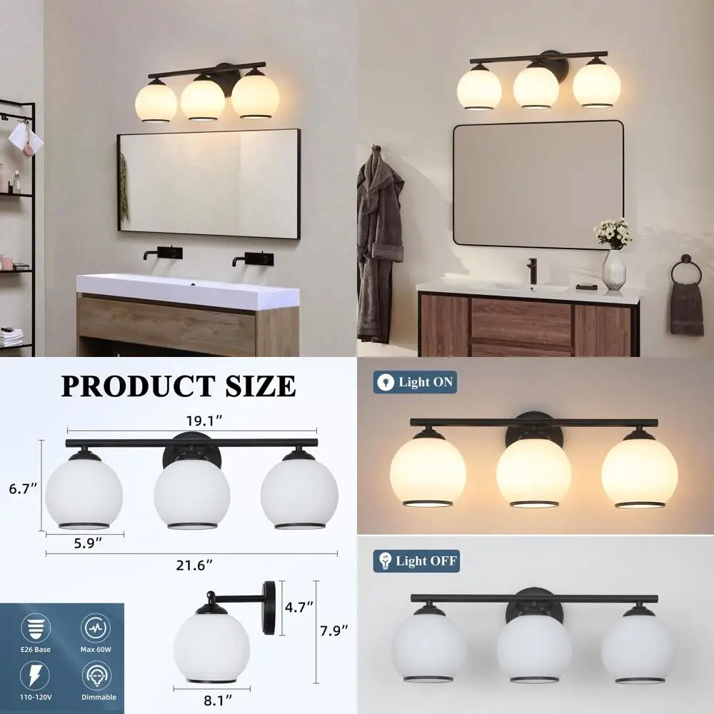 ضوء فانيتي أسود غير لامع حديث بثلاثة مصابيح مع ظلال زجاجية بلوري لتركيب جدار الحمام #1