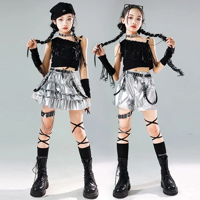 Jazz Dance Outfit Girls Hip Hop Performance Costume K-Pop Stage Wear Kids Fashion Clothes Black Top Silver Skirt Shorts Pants