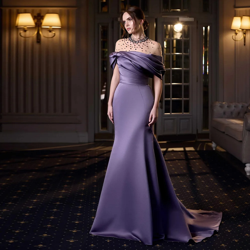 فساتين سهرة أرجوانية للنساء من الساتان حورية البحر/البوق فستان أنيق للحفلات الياقة المدورة واللؤلؤ مطوي مكشكش فساتين أم العريس #1