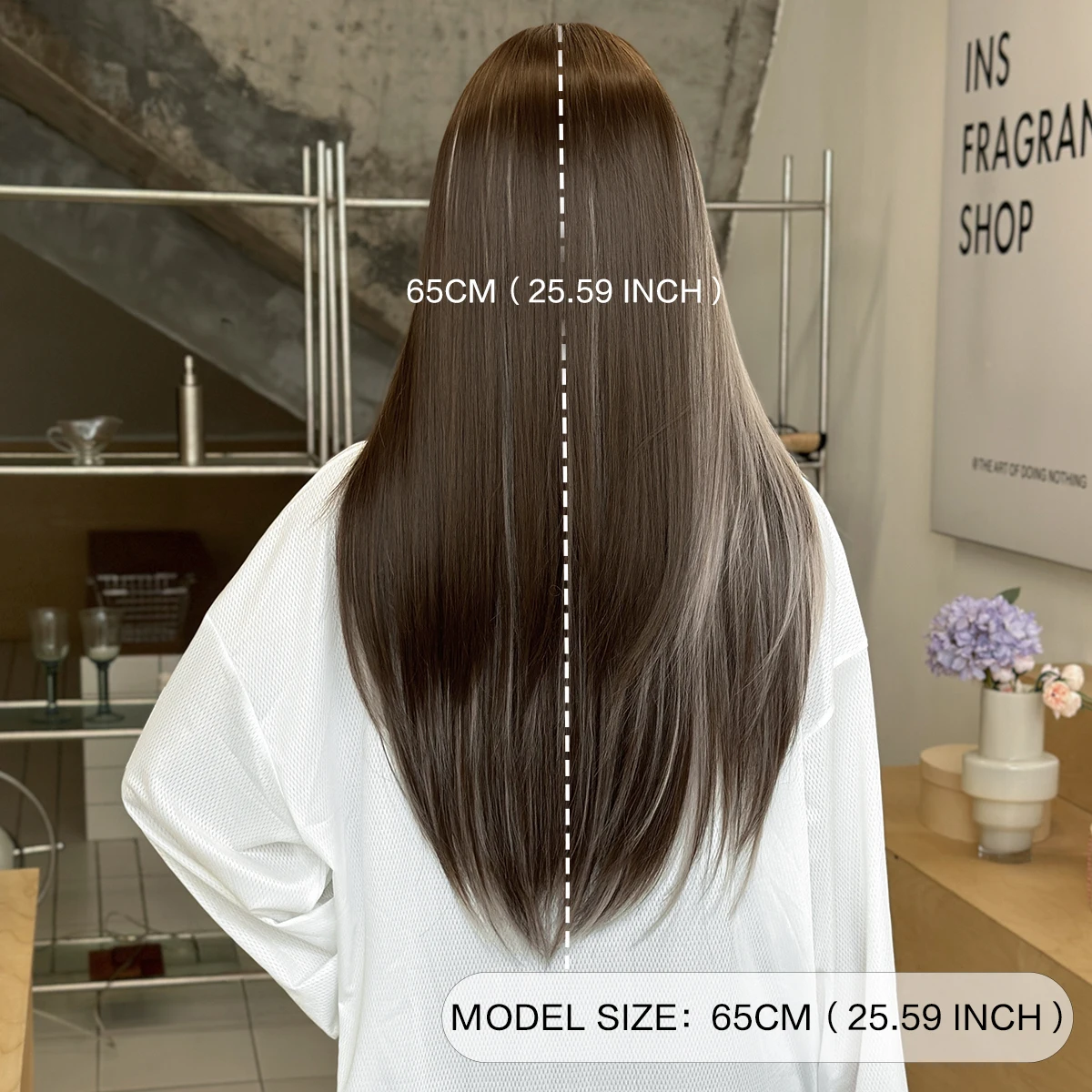 7JHH WIGS Long Straight Brown Ombre White Wig for Women Synthetic Layered Modest Fashion Wear and Go Wigs with Neat Bangs - view 4