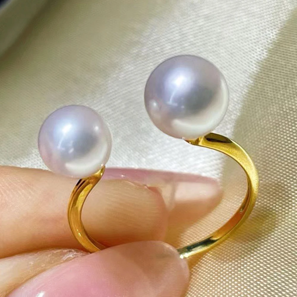 Classic Double Akoya Pearl Beads Open Ring with 6.5-7mm/7.5-8mm Natural Aurora Sakura Pink Akoya Pearls and 18K Gold Material