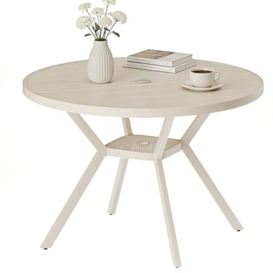 Outdoor patio dining table: all-weather metal round table with adjustable umbrella hole, ideal for lawn, garden, backyard use,