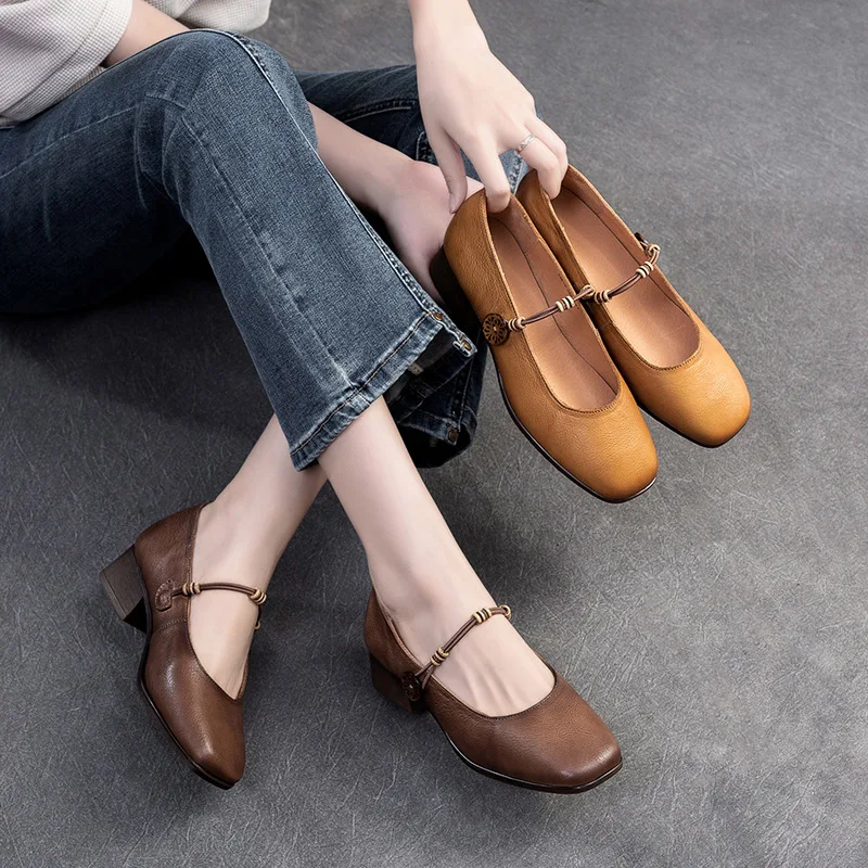 

2024 New Genuine Leather Square Toe Med Heel Autumn Shoes Mature Sweet Dating Buckle Strap Mary Janes Women Pumps 195-3