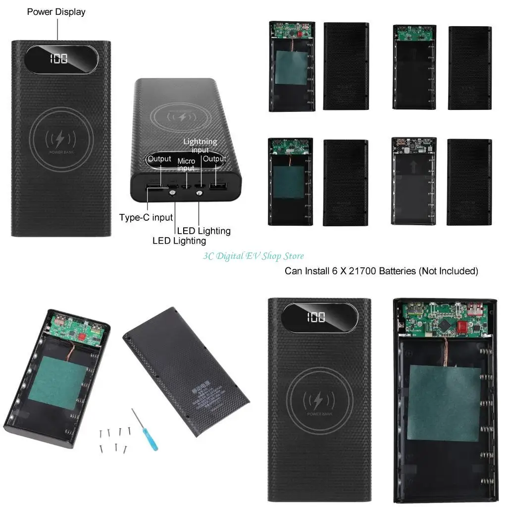 E74D DIY Detachable LCD 6x21700 Battery for Case 5W 10W 22.5W QC3.0 Fast for Shell Wireless Charging Box fo