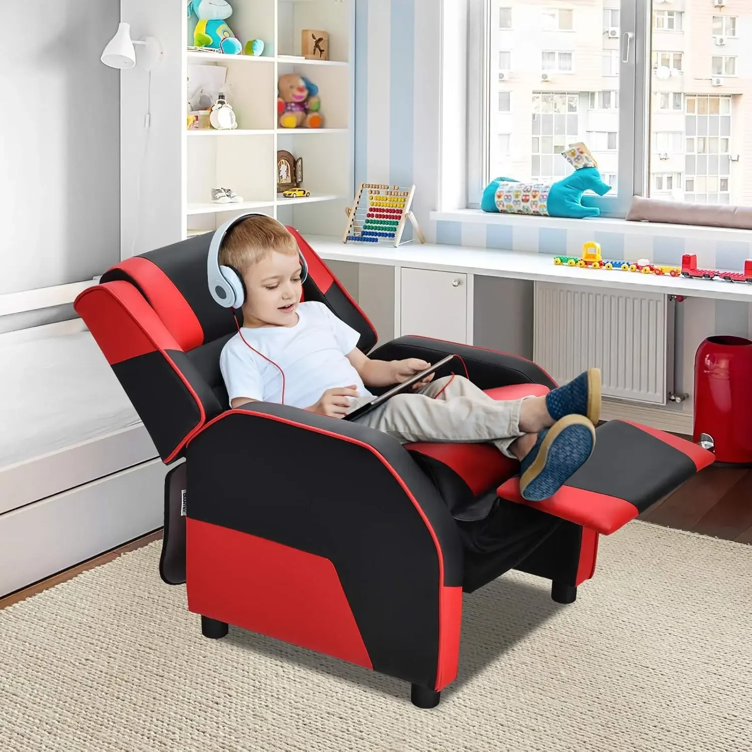 Kids Recliner, Gaming Recliner Chair w/Footrest, Headrest & Lumbar Support, Ergonomic Leather Lounge Chair for Living