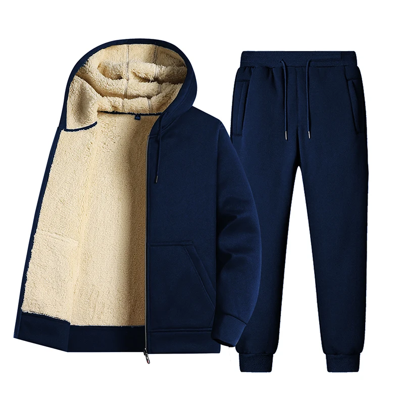 Men Tracksuit Sets Thick Warm Jacket Zipper Hooded Sweatshirt Coat+Pants Brand Sportswear Casual Outwear Hoody