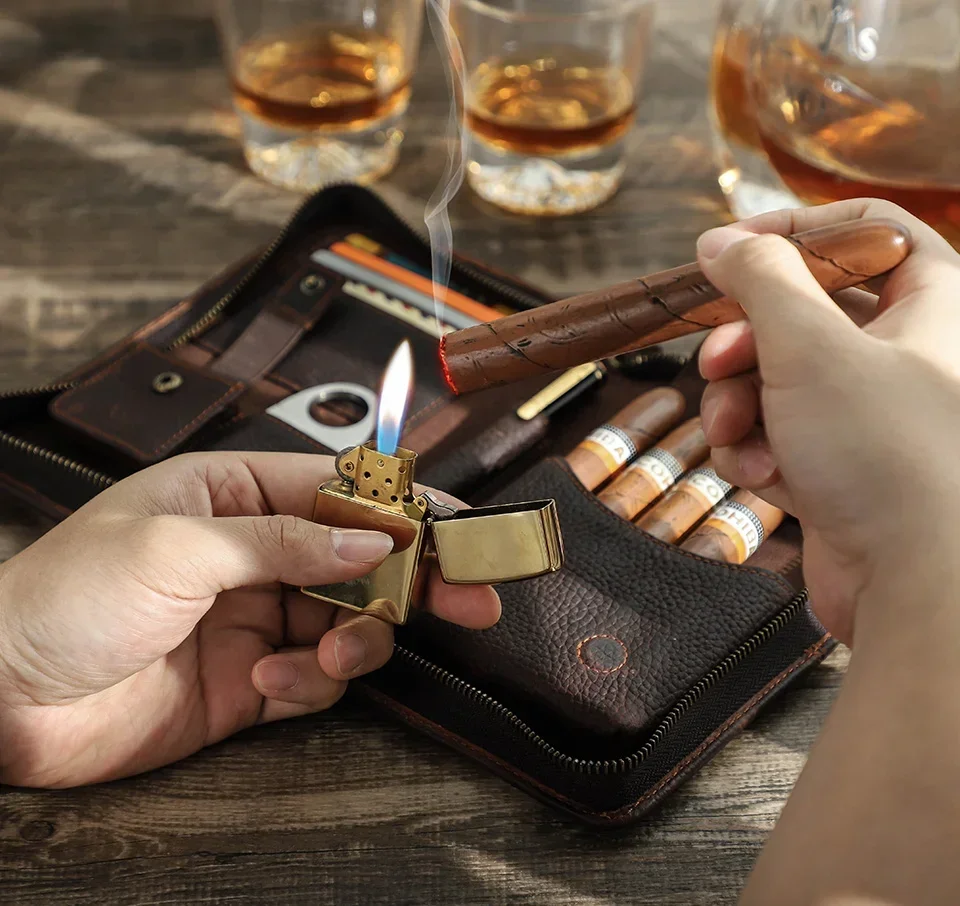 Cigar Cases Smoking Accessories Lighters Luxury Travel Humidor Portable Home. Leather Lighter Set Retro Household Merchandises