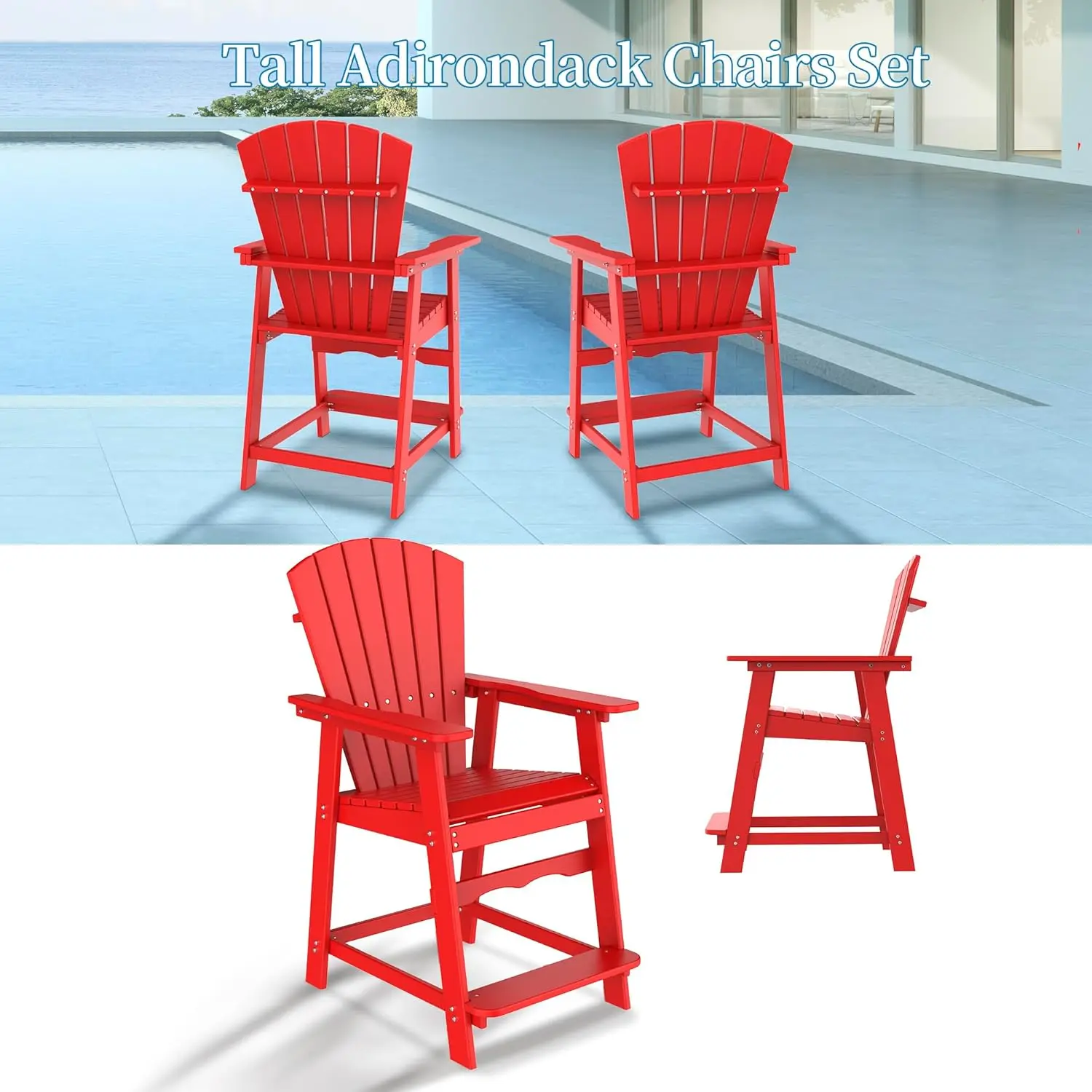 Tall Adirondack Chair, Hdpe Adirondack Chair With Footrest,Patio Bar Stools (Red, 1Pcs)