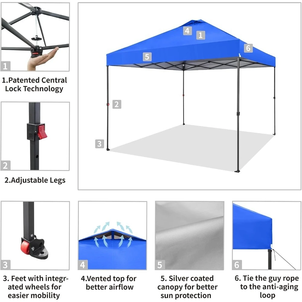 Tente à baldaquin pop-up 10x10 – Tente de plage à baldaquin extérieur instantanée à verrouillage central breveté à une poussée avec sac STO-N-Go, 8 piquets et 4 sable