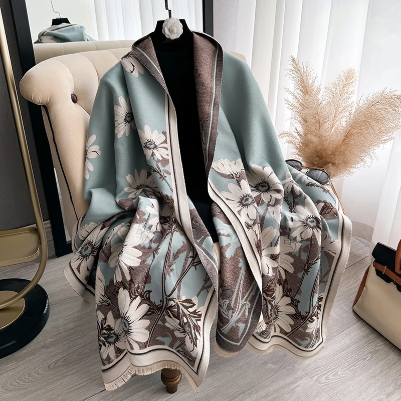 2024 New Female Fashion Luxury Designer Winter Ourdoor Women Scarf Floral Cashmere Thicken Warm Shawl Pashmina Scarves  Bufanda