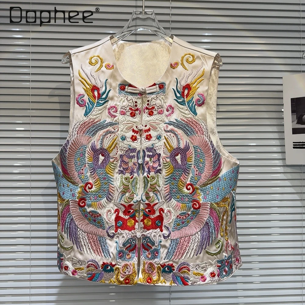 

Chinese Style Retro Woman Phoenix Embroidered Vest Coat for Women 2024 Spring New High-end Embroidered Round Neck Buckle Vests