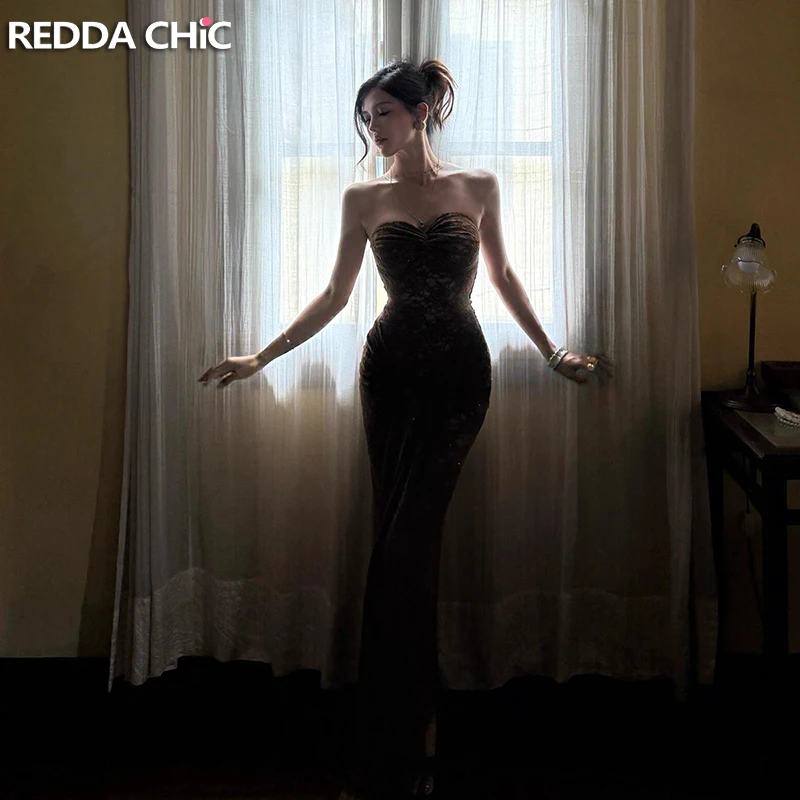 REDDACHiC dentelle florale femmes robe Tube creux paillettes torsion Corset noeud moulante Maxi robe longue Hotties Vintage vêtements formels