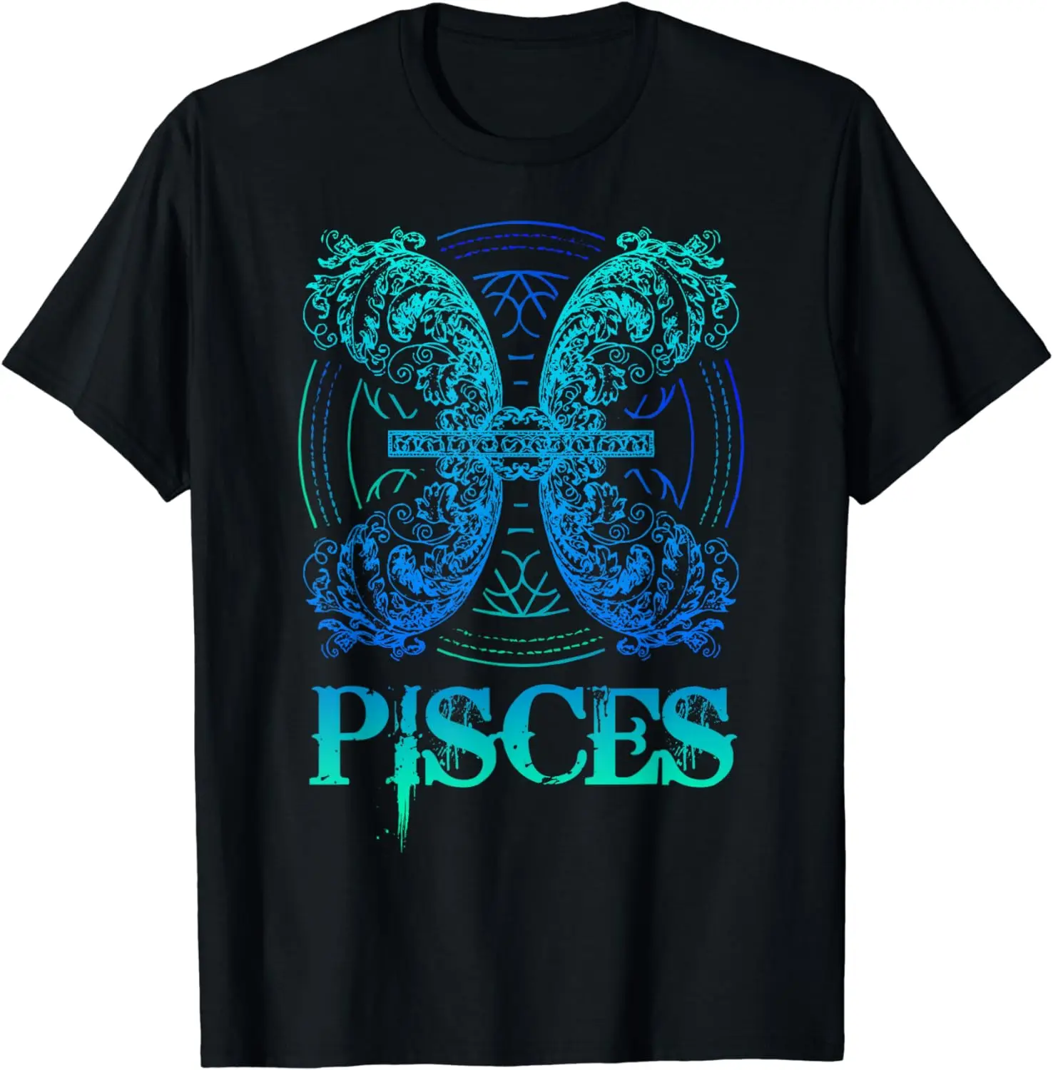 

Two Fish Zodiac Sign Symbol Horoscope Pisces T-Shirt Gothic Blue Pattern for Unisex Cotton Short Sleeve Men Clothing