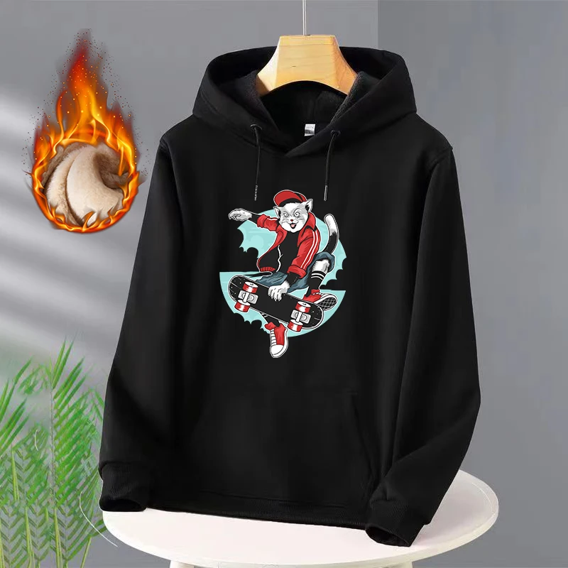 

Skateboarding Cat Hoodies Funny Long Sleeve Graphic Sweatshirts Autumn Winter Streetwear Kawaii Cartoon Print Pullover