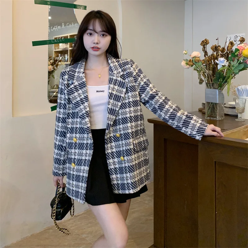 Tweed blazer scozzese Slim in lana completo Chaquetas Vintage coreano formale doppio petto giacche Casual donna nuova moda Vestes