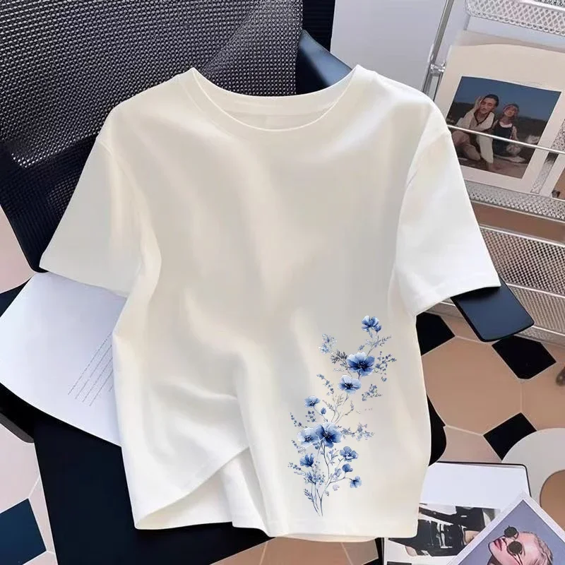 Summer Hot Sale Womens T-shirt Cotton Casual O-Neck Short Sleeve Outdoor Home Comfort Flower Print Tshirt 2026 Fashion Tees Tops