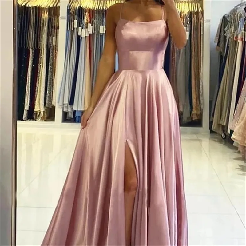 satin Dresses Evening Dress prom party Robe De SFormal Dress simple Spaghetti sexy slit коктейльные