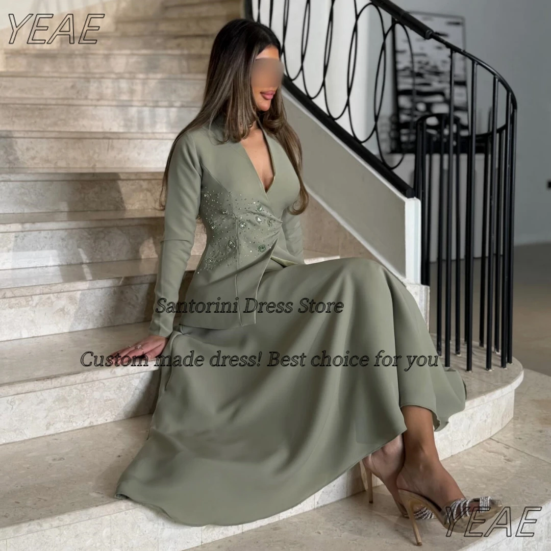 Santorini decote em v vestidos de baile com mangas compridas frisadas vestidos de noite comprimento do tornozelo duas peças vestido de festa personalizado