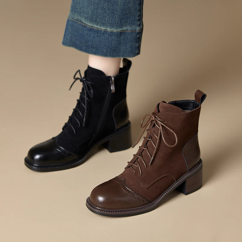 2026winter women ankle boots natural leather plus size 22-26cm cowhide+cow suede round toe thick heel retro side zip short boots