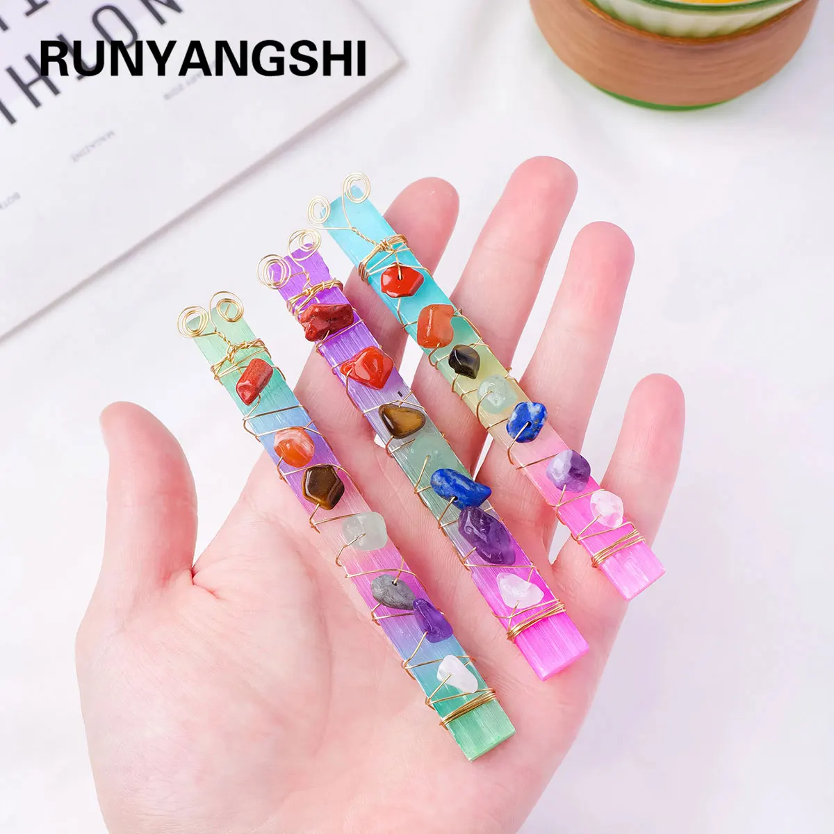 1PC Natural Stones Aura Rainbow Selenite Crystal Magic Point Seven Chakra Healing Stone Home Decor Reiki Polished Crafts