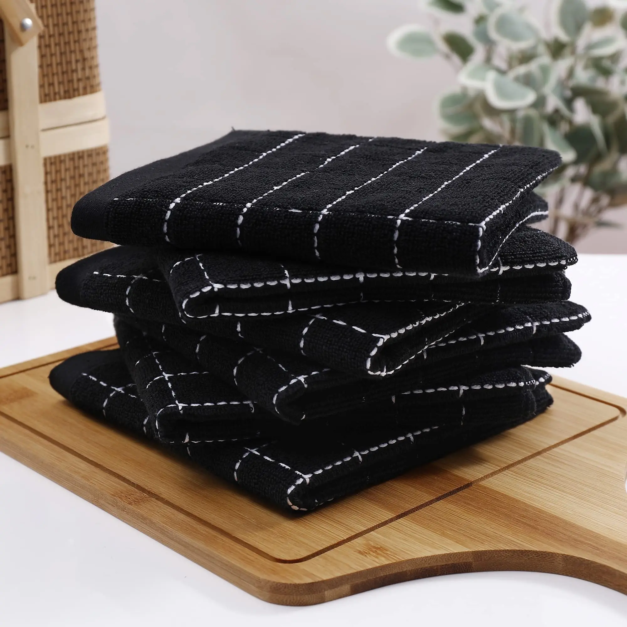 Homaxy 100% Cotton Terry Kitchen Towels Dish Cloths Checkered Designed Super Soft Absorbent Dish Towels 8 Pack Black Dish Cloths