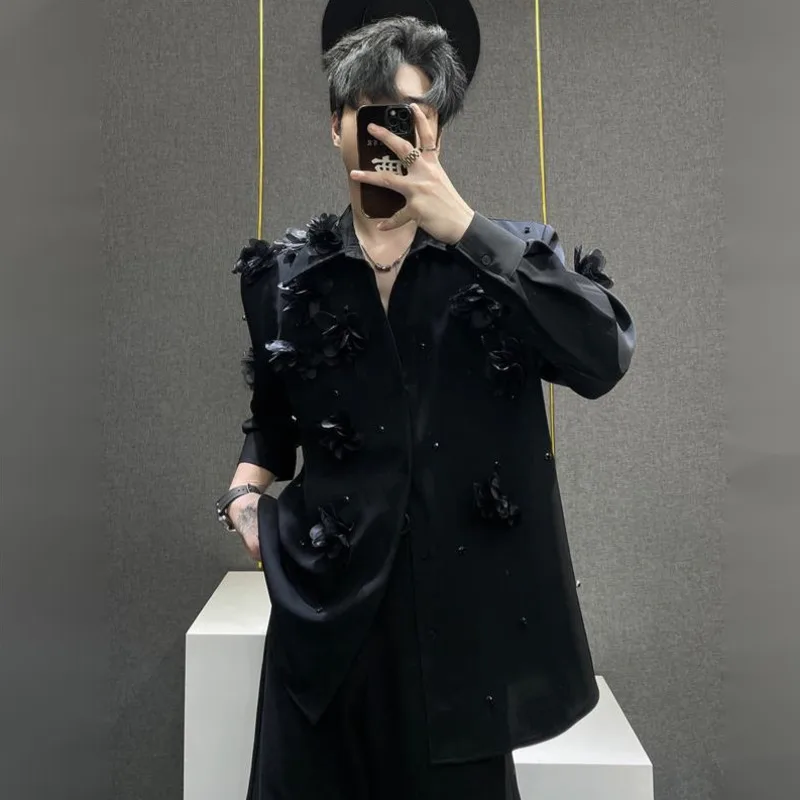 WVGA Spring Autumn New Men Tide Flower Decoration Trendy Long Sleeve Shirt Niche Chic Casual High-End Padded Shoulder Top W17616