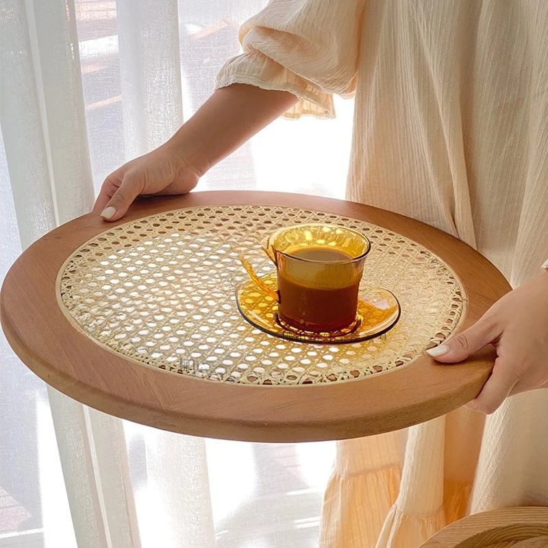 Rattan tray Korean handmade solid wood rattan dining tray Nordic tea tray breakfast American retro