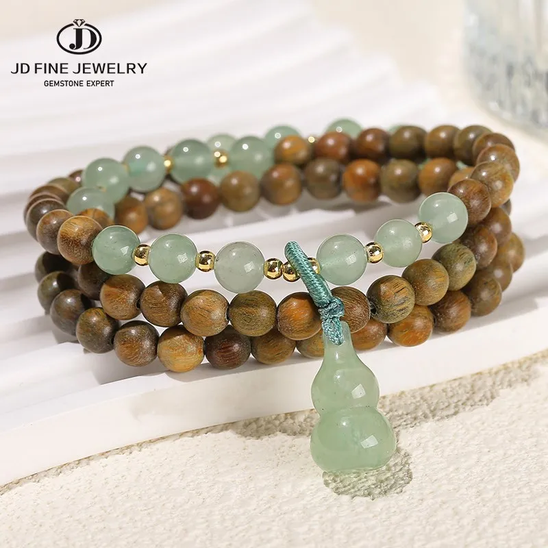 

JD Natural Green Sandalwood Gourd Jade Pendant Multi-layer Bracelet Women Men 6mm Buddha Bead Handmade Yoga Rosary Wrist Bangles