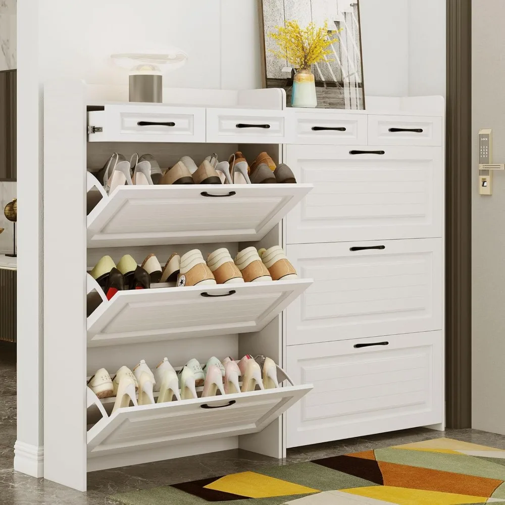 Shoe Cabinet, Freestanding Shoe Organizer with 3 Flip-Flop Drawers with Metal Drawer Holders, Shoes Storage Shelf